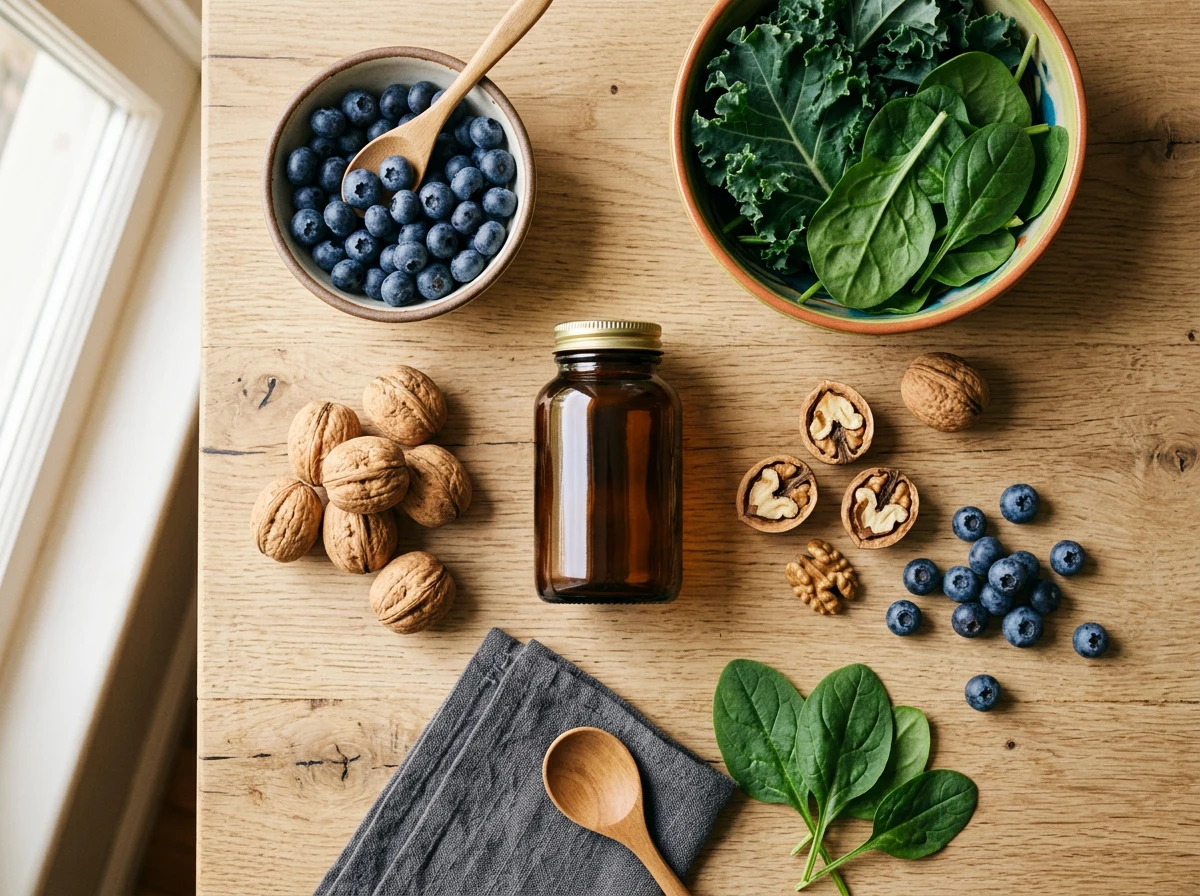 Editorial workspace with healthy ingredients - circulation support for active aging